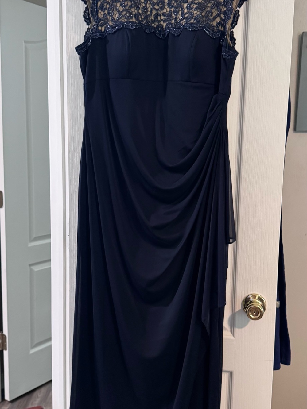 Alex Evenings Navy Lace Bodice Draped Evening Gown
